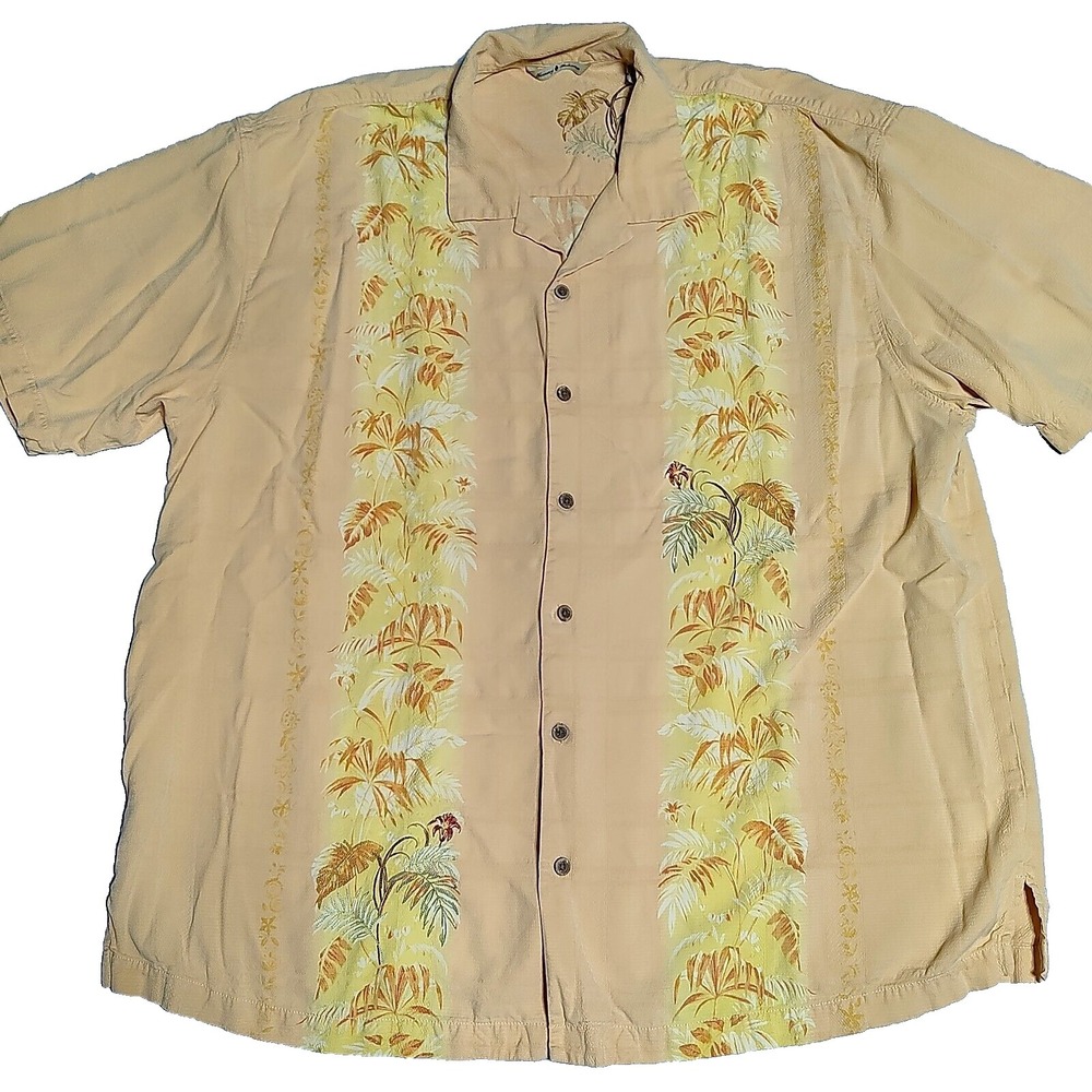 TOMMY BAHAMA SILK Men Size 2XL Orange Palms Trees Print Hawaiian Shirt